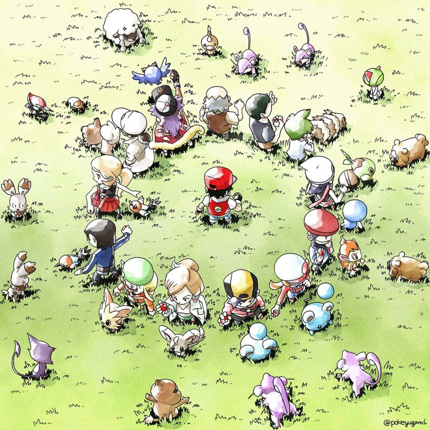 5girls 6+boys professor_juniper backwards_hat baseball_cap beanie beret bianca_(pokemon) bidoof bird black_gloves black_hair black_shirt blonde_hair blue_jacket blue_pants brown_hair bunnelby calem_(pokemon) chimchar collared_shirt commentary_request dawn_(pokemon) dude_(pokemon) ethan_(pokemon) fingerless_gloves fletchling from_above gen_1_pokemon gen_2_pokemon gen_3_pokemon gen_4_pokemon gen_5_pokemon gen_6_pokemon gen_7_pokemon gen_8_pokemon gloves grass green_hair green_headwear green_skirt grey_hair grubbin hair_bun hand_in_pocket hat holding holding_poke_ball jacket professor_kukui lab_coat leon_(pokemon) lillipup long_hair long_sleeves lucas_(pokemon) lyra_(pokemon) marill minccino multiple_boys multiple_girls nintendo old_man_(pokemon) orange_jacket overalls pants patrat pikipek piplup pleated_skirt poke_ball poke_ball_(basic) pokemon pokemon_bw pokemon_bw2 pokemon_dppt pokemon_gsc pokemon_hgss pokemon_platinum pokemon_rgby pokemon_rse pokemon_sm pokemon_swsh pokemon_xy pokeyugami ponytail purrloin ralts rattata red_(pokemon) red_headwear red_jacket red_shirt red_skirt retro_artstyle rockruff rookidee scarf serena_(pokemon) shirt short_hair short_sleeves single_hair_bun skirt standing t-shirt turtwig wally_(pokemon) weedle white_headwear white_scarf white_shirt wooloo zigzagoon