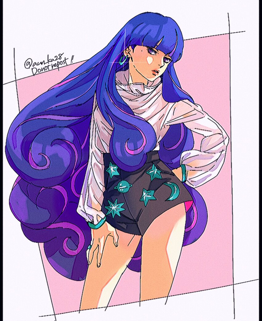 1girl ada_(naruto) blue_hair boruto:_naruto_next_generations commentary_request contrapposto curly_hair earrings feet_out_of_frame high-waist_shorts highres jewelry long_hair long_sleeves multicolored_hair naruto_(series) onka_(aun_ka28) puffy_long_sleeves puffy_sleeves purple_hair short_shorts shorts solo streaked_hair twitter_username two-tone_hair very_long_hair