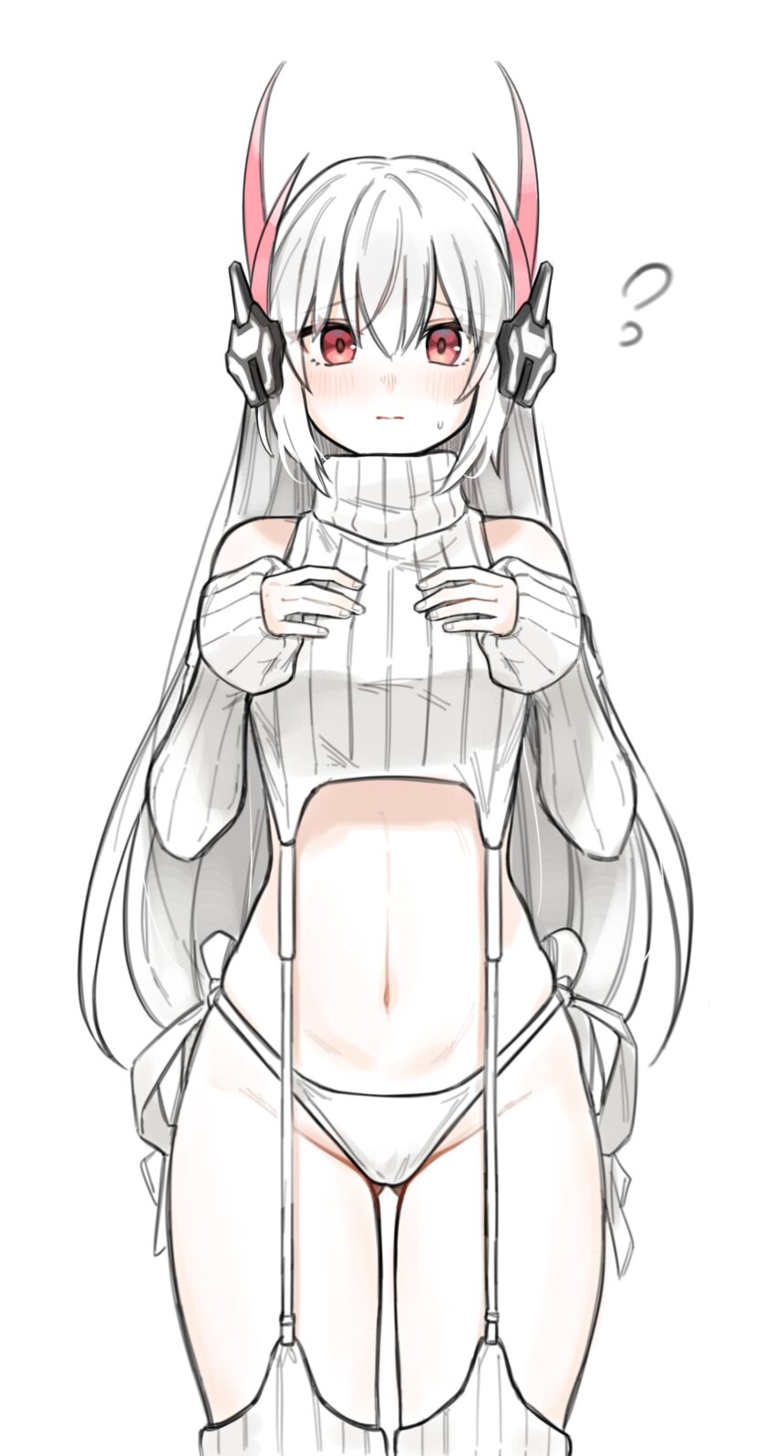 1girl absurdres blush detached_sleeves gluteal_fold grey_hair headgear headphones highres liv:_eclipse_(pgr) liv_(pgr) long_sleeves looking_at_viewer meme_attire midriff myam_(123ab456c) navel panties pink_eyes punishing:_gray_raven sidelocks solo standing sweatdrop underwear virgin_destroyer_sweater white_background white_panties