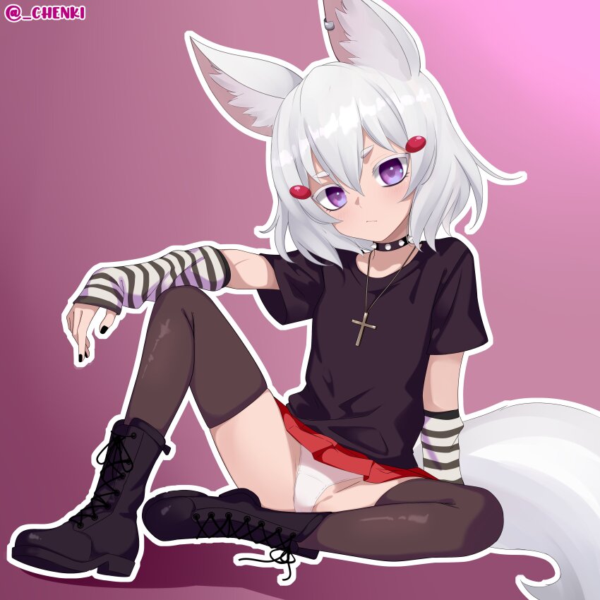 1girl absurdres animal_ears artist_name black_boots black_nails black_shirt black_thighhighs boots chenki_(chenki) collar commentary cross detached_sleeves english_commentary fox_ears fox_girl fox_tail highres looking_at_viewer medium_hair miniskirt nail_polish panties pantyshot phase_connect purple_background purple_eyes red_skirt shirt shoelaces short_sleeves simple_background sitting skirt sleeves_past_wrists solo spiked_collar spikes striped_sleeves tail tenma_maemi thick_eyebrows thick_eyelashes thighhighs twitter_username underwear virtual_youtuber white_background white_hair white_panties