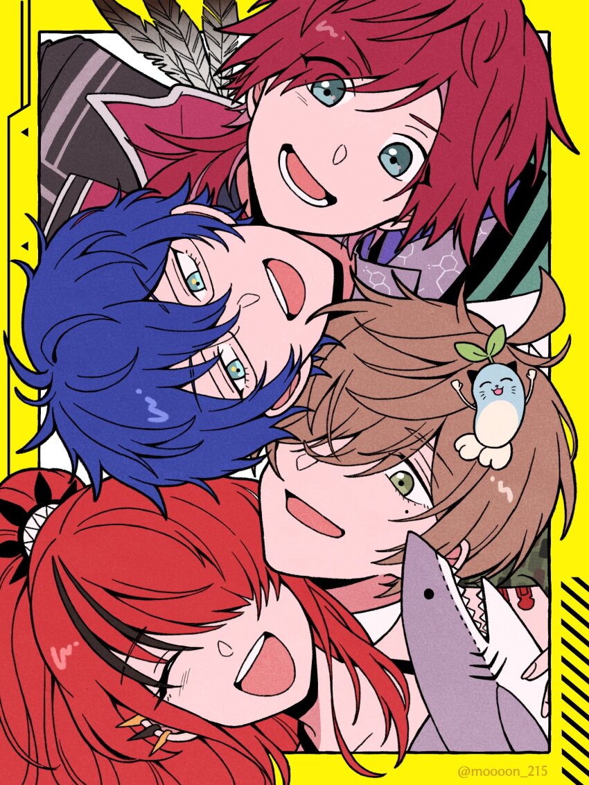 1girl 3boys ahoge aqua_eyes bandaid blue_hair blue_necktie brown_hair closed_eyes ear_piercing eden-gumi feathers glasses green_eyes grey_shirt hair_over_one_eye high_ponytail highres holding holding_stuffed_toy lain_paterson lain_paterson_(1st_costume) lauren_iroas lauren_iroas_(1st_costume) leos_vincent leos_vincent_(1st_costume) long_hair mameneko_(leos_vincent) mole mole_under_eye moooon_215 multicolored_hair multiple_boys necktie nijisanji oliver_evans oliver_evans_(1st_costume) piercing ponytail red_hair shirt short_hair smile streaked_hair stuffed_animal stuffed_shark stuffed_toy teeth virtual_youtuber