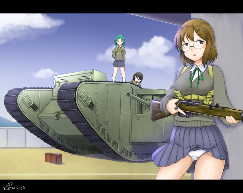 3girls black_hair bolt_action box breasts brown_hair caterpillar_tracks cloud day dead_people glasses green_hair gun highres lee-enfield letterboxed mark_iv_tank medium_breasts military military_vehicle motor_vehicle multiple_girls original panties revision ribbon rifle school_uniform short_hair sky tank tree underwear wall weapon white_panties wind wind_lift world_war_i