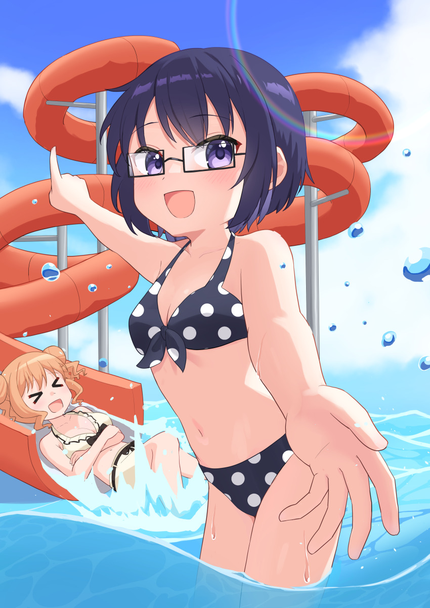 2girls absurdres bikini black_bikini black_hair blue_sky cloud commentary_request commission day front-tie_bikini_top front-tie_top glasses hidamari_sketch highres hiro_(hidamari_sketch) kisasage multiple_girls outdoors pointing_out_the_details polka_dot polka_dot_bikini ponytail purple_eyes sae_(hidamari_sketch) skeb_commission sky solo_focus swimsuit wading water_slide