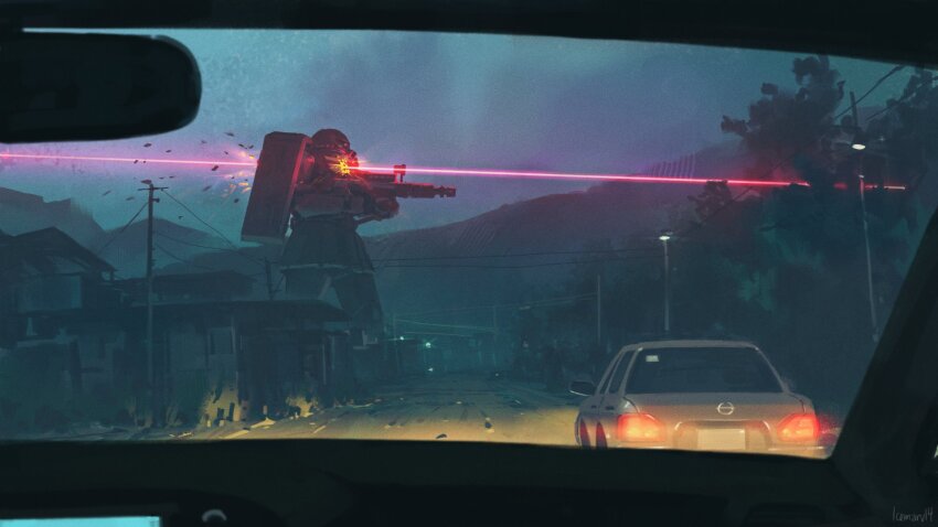 armor car commentary dashboard english_commentary gundam highres house icemarv14 mecha mecha_focus mobile_suit_gundam motor_vehicle mountainous_horizon no_humans pov power_lines rear-view_mirror road robot science_fiction shoulder_armor tree zaku_ii