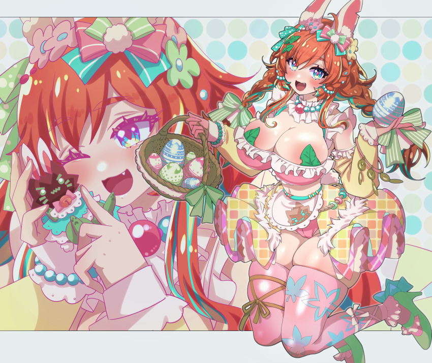 1girl absurdres animal_ear_fluff animal_ears basket blue_eyes blue_hair bow braid breasts cleavage diamond-shaped_pupils diamond_(shape) easter_egg egg fang flower frills green_flower green_shoes hair_bow hair_flower hair_ornament high_heels highres holding holding_basket holding_egg ichi_orgin large_breasts leaf_hair_ornament leaf_pasties leaf_print long_hair mozumi_pichi mozzumite_(mozumi_pichi) multicolored_bow multicolored_hair one_eye_closed orange_hair pink_flower pink_pupils pink_thighhighs rabbit_ears second-party_source shoes streaked_hair symbol-shaped_pupils thighhighs thighs twin_braids v-dere virtual_youtuber