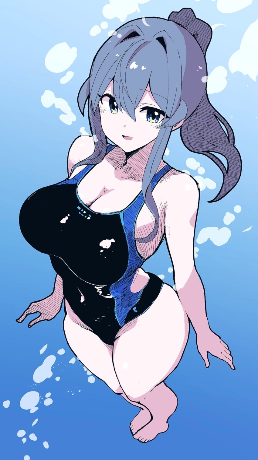 1girl alternate_costume black_one-piece_swimsuit blue_eyes blue_hair breasts competition_swimsuit diving freediving gotland_(kancolle) hair_between_eyes highres holding_breath kantai_collection large_breasts long_hair looking_at_viewer mole mole_under_eye one-piece_swimsuit school_swimsuit smile solo swimming swimsuit unagiman underwater