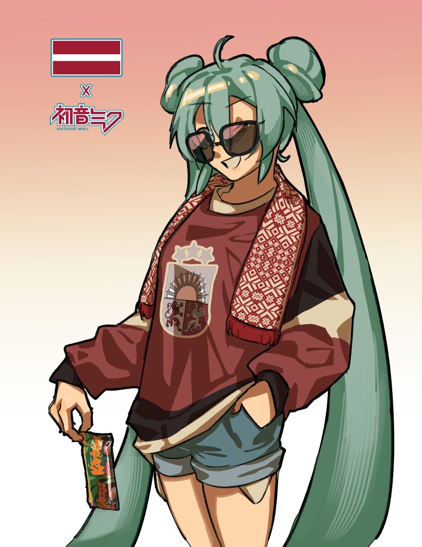 1girl absurdres aqua_eyes aqua_hair blue_shorts character_name double_bun gradient_background hair_bun hand_in_pocket hatsune_miku highres latvia latvian_flag livpoid long_hair long_sleeves looking_at_viewer orange_background parted_lips print_scarf print_shirt scarf shadow shirt shorts smile solo sunglasses twintails very_long_hair vocaloid white_background worldwide_miku
