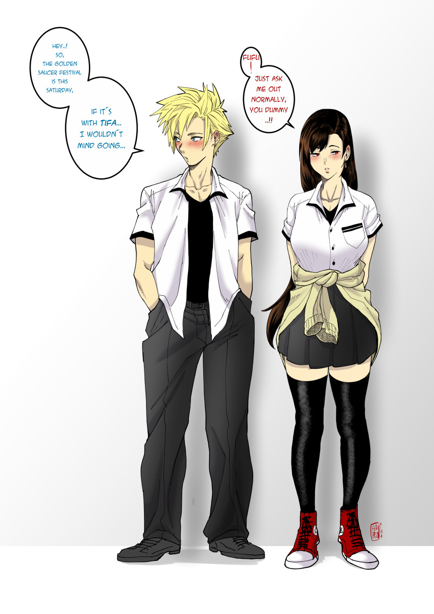 1boy 1girl aarokira absurdres alternate_universe averting_eyes black_pants black_skirt black_thighhighs black_undershirt blonde_hair blue_eyes blush brown_hair clothes_around_waist cloud_strife couple english_text final_fantasy final_fantasy_vii full_body hand_in_pocket hetero highres jacket jacket_around_waist open_clothes open_shirt pants school_uniform shirt side-by-side skirt speech_bubble standing thighhighs tifa_lockhart tsundere white_shirt