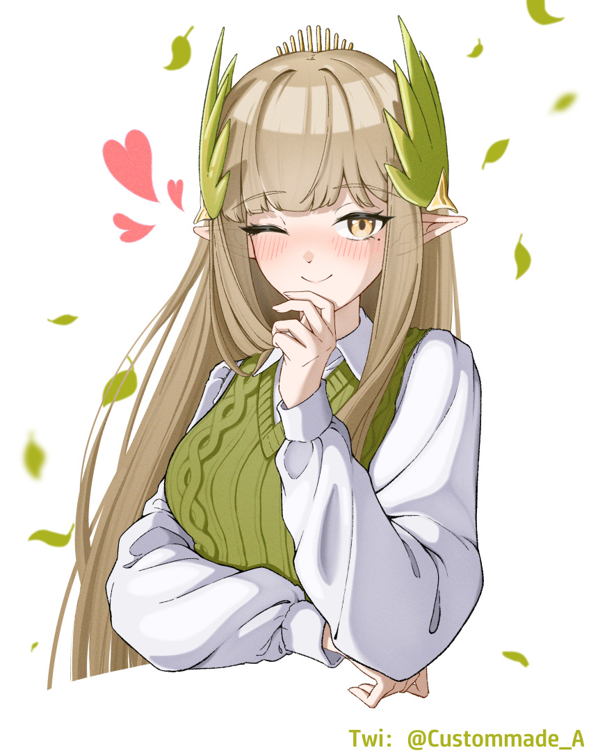 1girl absurdres alternate_costume arknights arm_under_breasts blush brown_hair cable_knit chinese_commentary closed_mouth collared_shirt commentary_request cropped_torso dress_shirt falling_leaves green_sweater_vest hand_on_own_chin hand_up heart highres laurel_crown leaf long_hair long_sleeves muelsyse_(arknights) muxuan one_eye_closed pointy_ears puffy_long_sleeves puffy_sleeves shirt simple_background smile solo stroking_own_chin sweater_vest twitter_username white_background white_shirt yellow_eyes