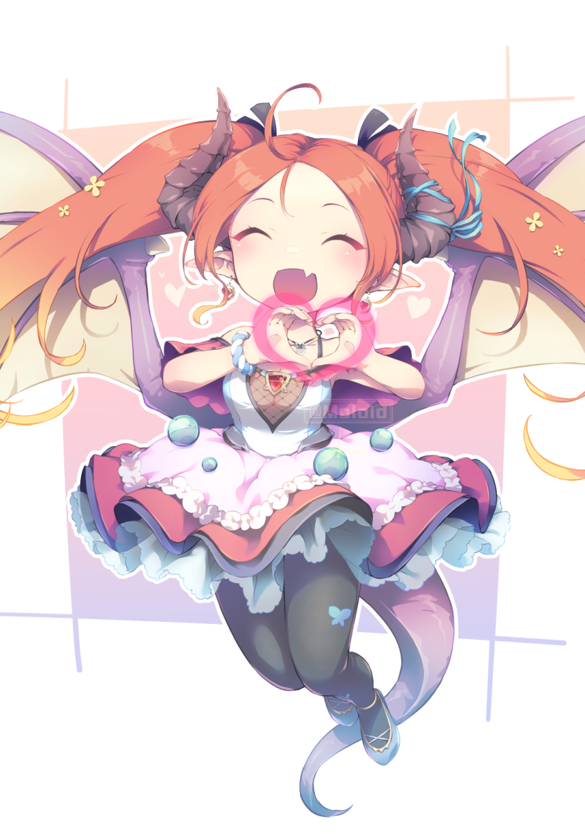 1girl black_thighhighs dragon_girl dragon_horns dragon_tail dragon_wings dress frilled_dress frills heart heart_hands highres horns iris_mysteria! long_hair moroheiya_(takushiage) open_mouth pointy_ears red_dress red_hair sharon_oliva smile tail thighhighs twintails wings