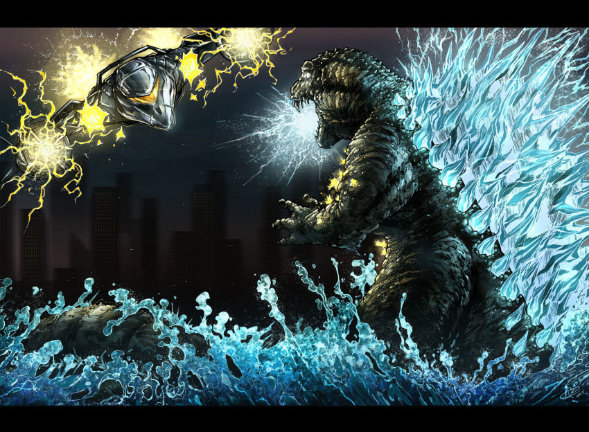 aircraft bhs-archetyperex_(cassandra) city dinosaur directed-energy_weapon energy energy_cannon energy_weapon g-force garuda_(godzilla) giant giant_monster glowing glowing_eyes glowing_mouth glowing_spikes godzilla godzilla_(series) godzilla_vs._mechagodzilla_ii highres japan_self-defense_force kaiju maser maser_cannon military military_vehicle monster night no_humans ocean sea_monster splashing tail war water waves