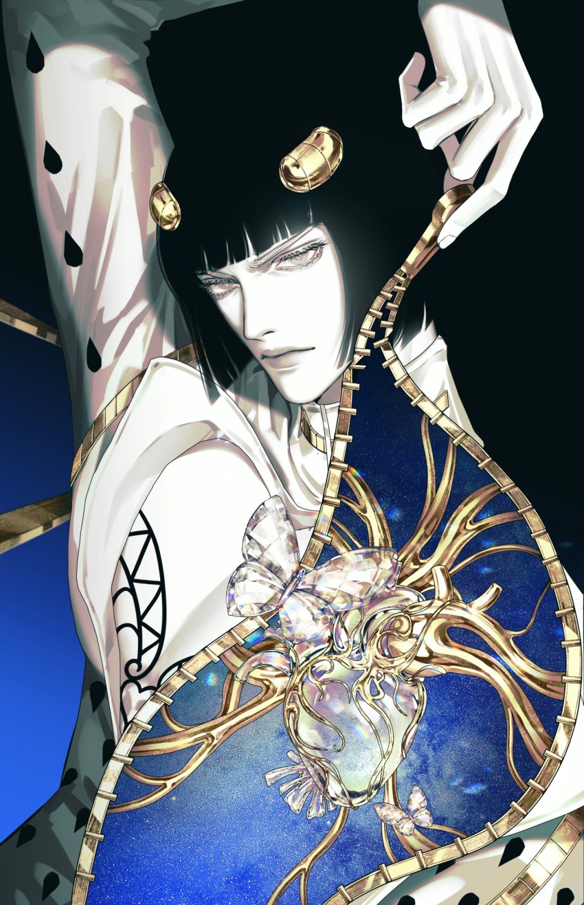1boy argyle_clothes bob_cut bruno_bucciarati cleavage_cutout clothing_cutout colored_skin hair_ornament hairclip hashtag-only_commentary heart_(organ) highres jojo_no_kimyou_na_bouken male_focus pectorals polka_dot solo stand_(jojo) vento_aureo white_skin zhhy3324 zipper zipper_pull_tab