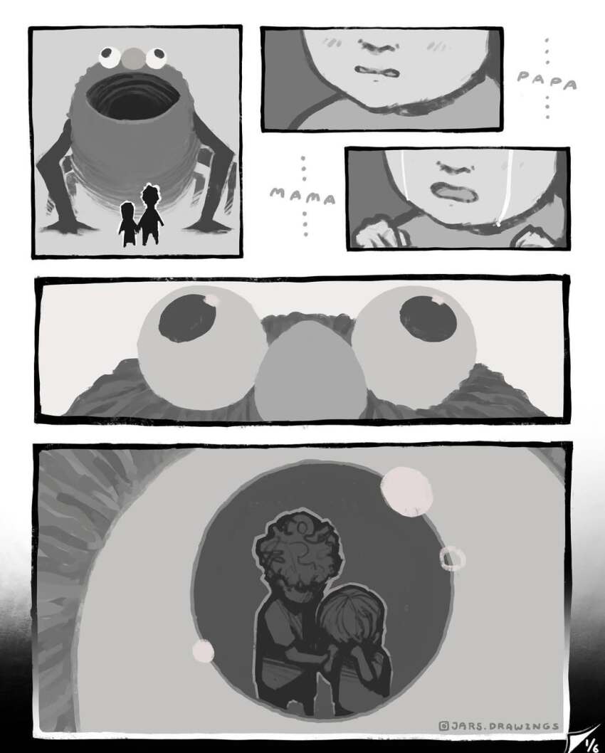 2boys artist_name black_border border brothers cross-eyed crying curly_hair eldritch_abomination elmo english_text extra_arms highres horror_(theme) instagram_logo instagram_username jr_(jarsarts) monster multiple_boys page_number sesame_street short_hair siblings tearing_up tears