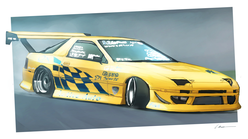border car d1_grand_prix drifting highres mazda mazda_rx-7 mazda_rx-7_fc motor_vehicle no_humans outside_border race_vehicle racecar shadow signature simana spoiler_(automobile) vehicle_focus white_border