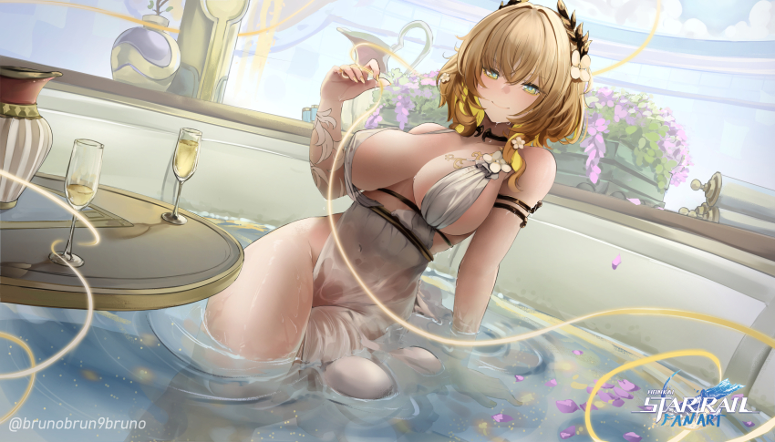 1girl absurdres aglaea_(honkai:_star_rail) ancient_greek_clothes bath blonde_hair breast_tattoo breasts brunobrun9bruno commentary_request copyright_name covered_navel cup dress greco-roman_clothes green_eyes highres honkai:_star_rail honkai_(series) large_breasts laurel_crown partially_submerged short_hair solo tattoo thread twitter_username white_dress yellow_nails