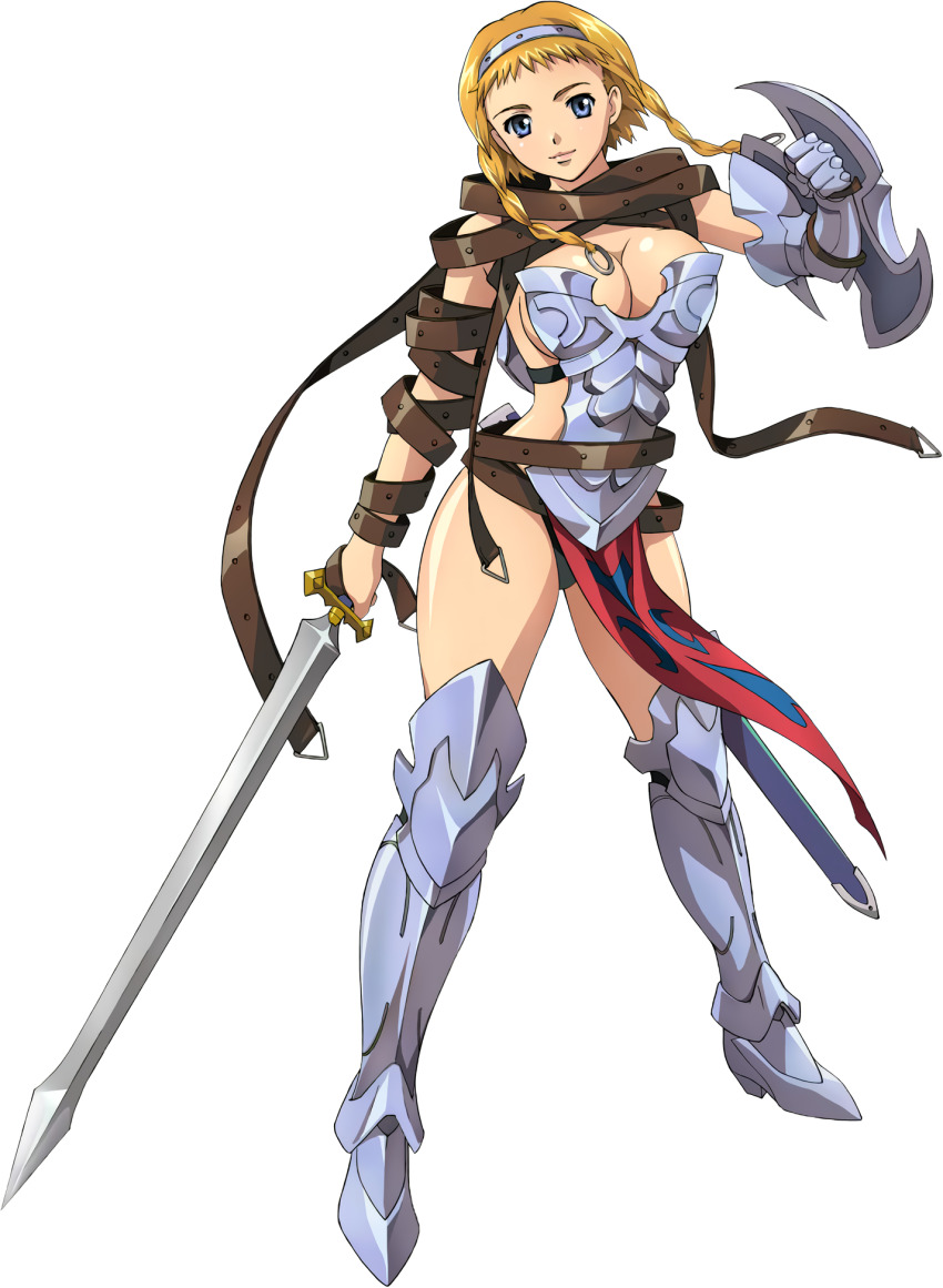 00s 1girl armor blonde_hair blue_eyes braid breastplate breasts buckle cleavage curvy full_body gauntlets hairband headband highres hisayuki_hirokazu holding holding_sword holding_weapon large_breasts leina_(queen&#039;s_blade) looking_at_viewer looking_to_the_side official_art queen&#039;s_blade revealing_clothes shiny_skin side_braid solo standing sword thong twin_braids weapon wide_hips