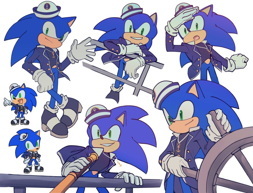 1boy alternate_costume anchor_symbol animal_ears blue_coat blue_fur chibi chibi_inset coat furry furry_male gloves green_eyes grin hat hedgehog_boy highres holding holding_telescope jacket multiple_views railing sailor_hat ship&#039;s_wheel smile solo sonic_(series) sonic_the_hedgehog telescope zanthi_aaan