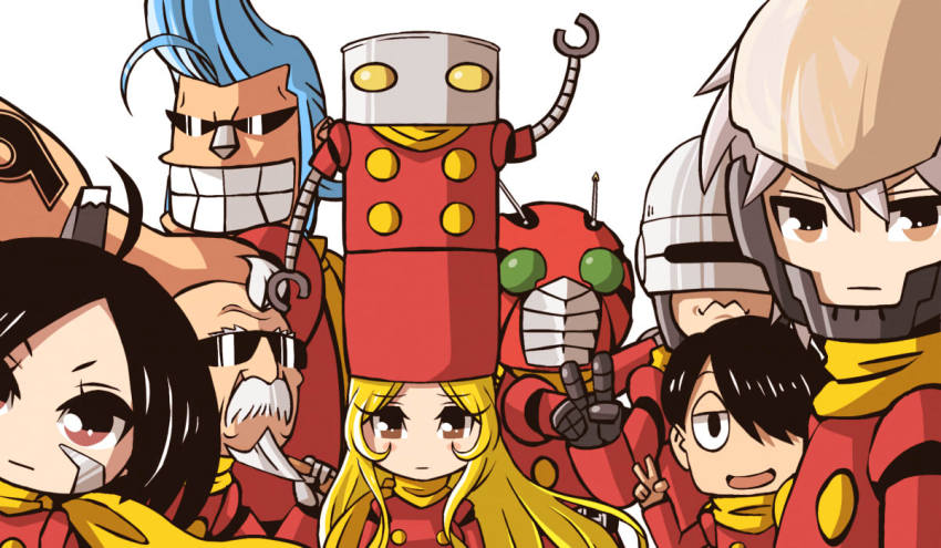 1960s_(style) 1970s_(style) 2girls 6+boys alita battle_angel_alita cosplay crossover cyborg cyborg_009 cyborg_jiichan_g franky_(one_piece) ginga_tetsudou_999 kaizou_tokijirou kamen_rider kamen_rider_zx kyuukyoku_choujin_r long_hair maetel mechazawa_shin&#039;ichi metal_gear_(series) metal_gear_solid metal_gear_solid_4:_guns_of_the_patriots multiple_boys multiple_crossover multiple_girls oldschool one_piece open_mouth r_tanaka_ichirou raiden_(metal_gear) retro_artstyle robocop robocop_(character) sakichi_(gyro7msk) sakigake!!_cromartie_koukou short_hair smile trait_connection