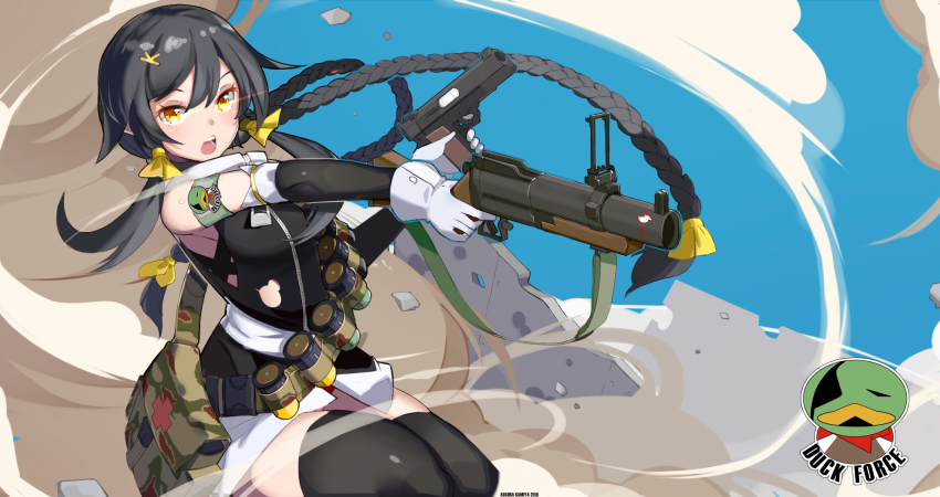 1girl 40x46_lv_hedp_m433 40x46mm_lv ammunition ammunition_belt anti-materiel_cartridge aosora_kamiya bandolier belt black_thighhighs braid break-action_grenade_launcher copyright_request dual-purpose_cartridge elbow_gloves explosive female_focus finger_on_trigger first_aid_kit floating_hair gloves glowing glowing_eyes grenade grenade_cartridge grenade_launcher gun handgun high-explosive_anti-tank_(warhead) high-explosive_cartridge high-explosive_dual-purpose_cartridge highres holding holding_gun holding_weapon long_hair m79 open_mouth pistol solo subsonic_ammunition teeth thighhighs thighs twin_braids very_long_hair weapon weapon_request white_gloves yellow_eyes