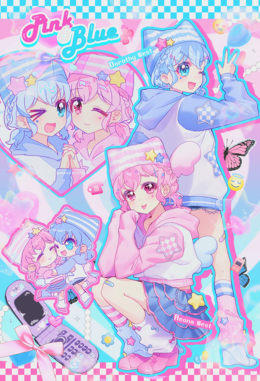 1boy 1girl absurdres bandages blue_eyes blue_nails blue_skirt braid brother_and_sister bug butterfly cellphone chuu0105 crossdressing dorothy_west flower hat heart highres holding_hands hood hoodie insect jellybeans korean_commentary leg_warmers miniskirt nail_polish phone pink_eyes pink_nails pretty_series pripara reona_west ribbon shoes short_shorts shorts siblings side_braid skirt smiling_face_with_halo_emoji socks striped_clothes striped_socks tiered_skirt tongue tongue_out trap wedge_heels