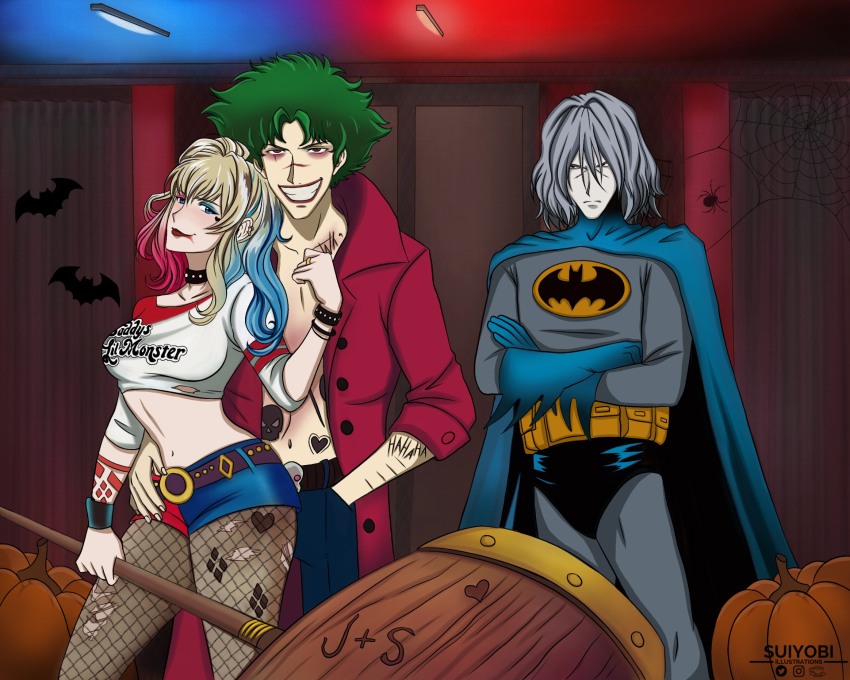 blonde_hair blue_eyes brown_eyes cowboy_bebop fishnets green_hair grey_eyes grey_hair halloween halloween_costume highres julia_(cowboy_bebop) spike_spiegel suiyobi torn_clothes torn_legwear vicious_(cowboy_bebop)