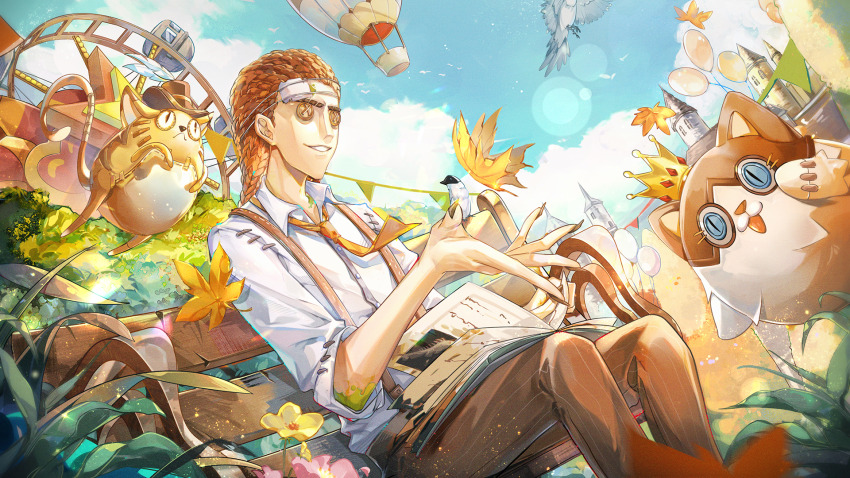 1boy aircraft airship autumn_leaves balloon bench bird black_nails book brown_pants bush button_eyes buttons castle cloud collared_shirt day dreadlocks falling_leaves feet_out_of_frame ferris_wheel fingernails flower gauze hair_pulled_back highres identity_v leaf light_particles long_hair luchino_diruse male_focus nana895 necktie open_book open_collar orange_hair orange_necktie pants park_bench parted_lips pink_flower pinstripe_pants pinstripe_pattern sharp_fingernails shirt sitting sleeves_rolled_up smile solo string_of_flags striped stuffed_animal stuffed_cat stuffed_toy suspenders white_shirt yellow_flower