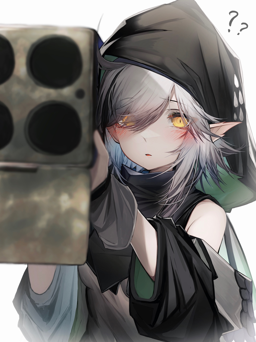 1girl ? ?? absurdres arknights cannon detached_sleeves hair_between_eyes hair_over_one_eye highres holding holding_cannon holding_rocket_launcher holding_weapon hood looking_at_viewer m202_flash medium_hair multishot_rocket_launcher pointy_ears rocket_launcher simple_background solo tab_head tomimi_(arknights) upper_body weapon white_background white_hair yellow_eyes