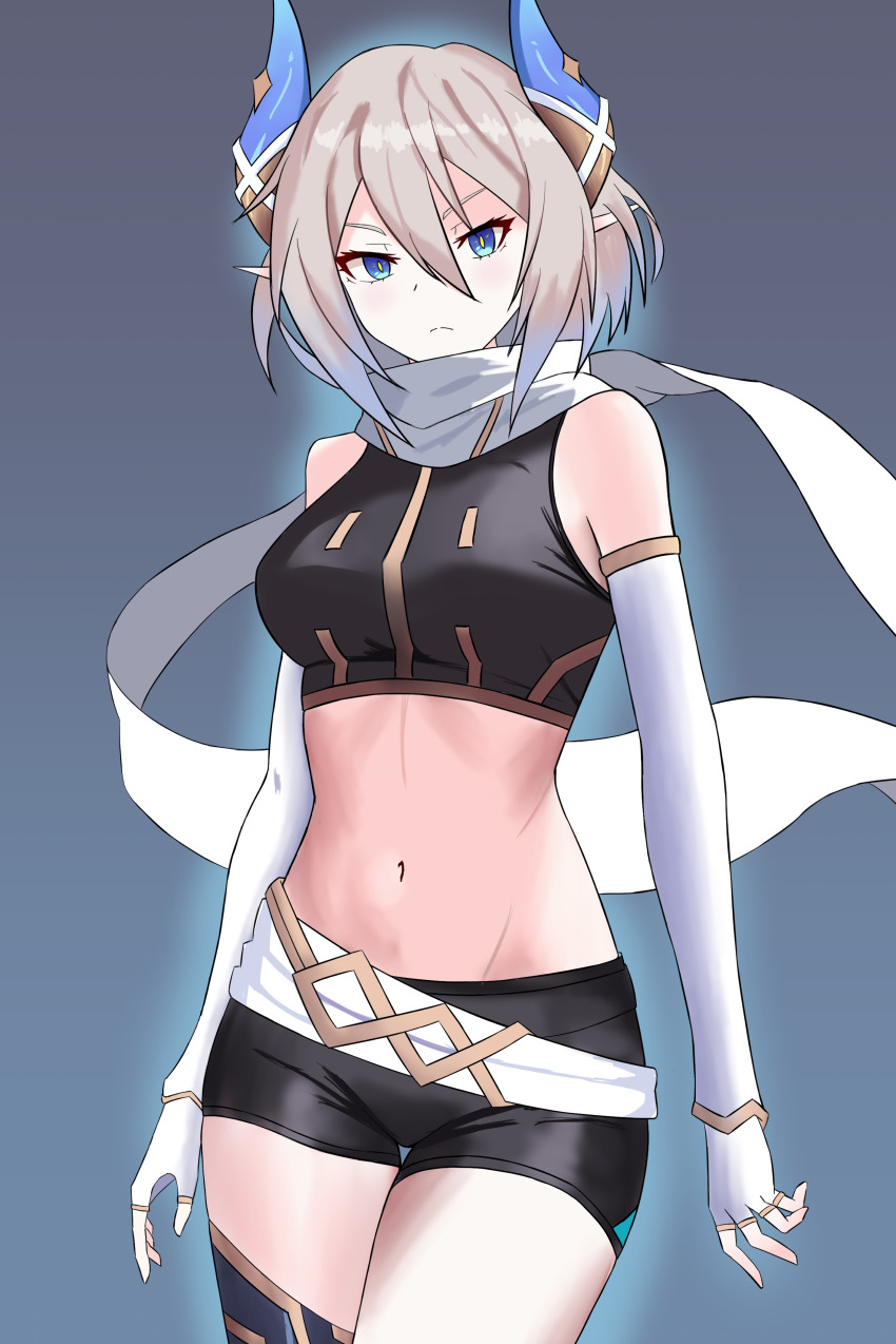 1girl absurdres bare_shoulders black_shirt black_shorts blue_horns breasts crop_top detached_sleeves dragon_girl dragon_horns fingerless_gloves floating_scarf ganzzzo gloves grand_chase highres horns medium_breasts navel ribs scarf shirt short_shorts shorts simple_background sleeveless sleeveless_shirt solo stomach thighs tiamat_(grand_chase) tsurime white_gloves white_scarf white_sleeves yellow_pupils