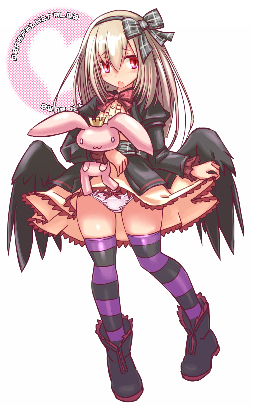 1girl black_ribbon black_wings blonde_hair boots clothes_lift dark_feather_alma emil_chronicle_online hair_ribbon highres holding holding_stuffed_toy panties purple_thighhighs red_eyes ribbon serizawa_(knight2020) skirt skirt_lift striped_clothes striped_thighhighs stuffed_toy thick_thighs thighhighs thighs underwear wings