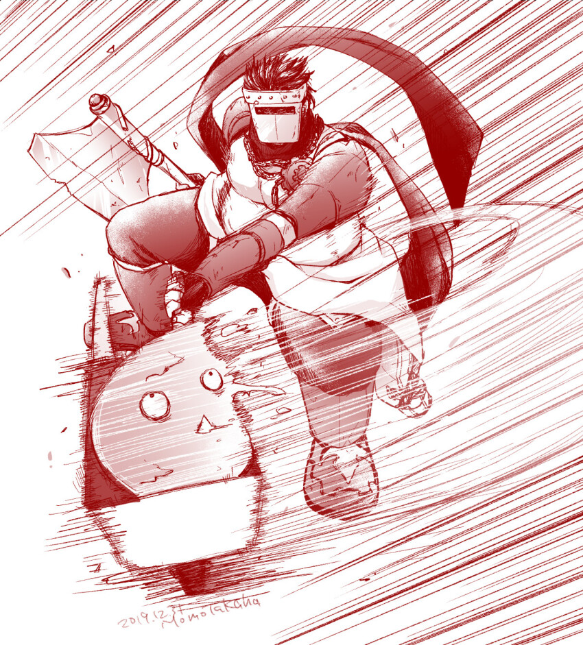 1boy armor chain chain_necklace commentary_request dated full_body highres jewelry jumpsuit jumpsuit_around_waist looking_at_viewer male_focus masked mechanic_(ragnarok_online) muscular muscular_male necklace pants pauldrons pectorals poring pullcart ragnarok_online red_theme short_hair shoulder_armor shrug_(clothing) solo takaha_momo welding_mask