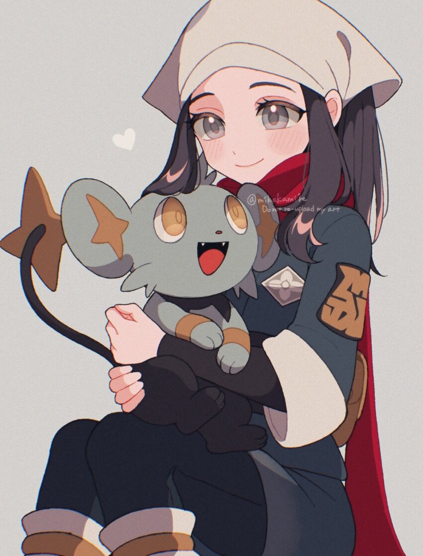 1girl akari_(pokemon) black_hair blush closed_mouth eyelashes galaxy_expedition_team_survey_corps_uniform gen_4_pokemon grey_eyes hat headscarf highres jacket long_hair mikakami1e nintendo pantyhose pokemon pokemon_(creature) pokemon_legends:_arceus red_scarf sash scarf shinx shirt sidelocks smile white_headscarf