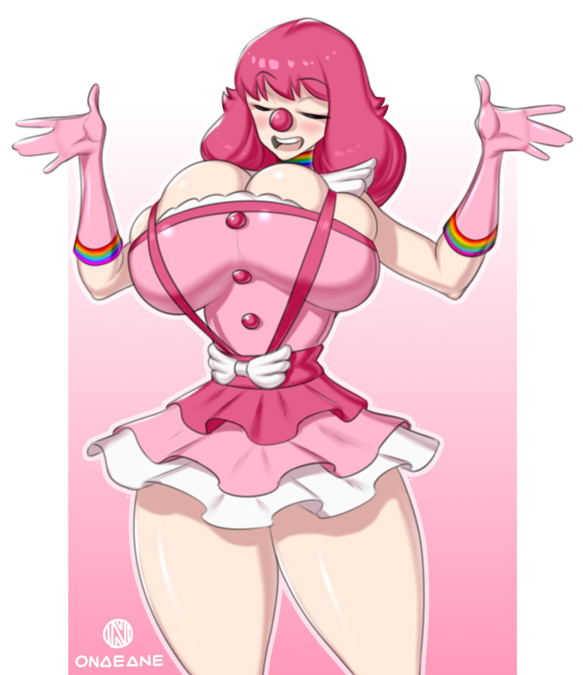 1girl ace_attorney artist_name border breasts choker cleavage clown clown_nose collarbone cowboy_shot dress closed_eyes frilled_dress frills geiru_toneido gloves highres huge_breasts long_hair onaeane open_mouth pink_background pink_dress pink_gloves pink_hair shoulder_pads simple_background smile solo standing suspenders teeth white_border