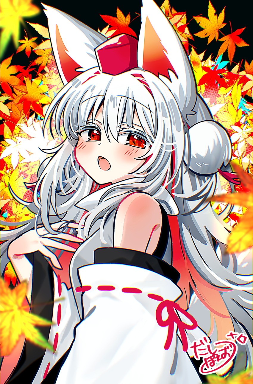 1girl absurdres alternate_hair_length alternate_hairstyle animal_ear_fluff animal_ears autumn_leaves blush breasts commentary_request detached_sleeves hat highres inubashiri_momiji leaf long_hair looking_at_viewer looking_to_the_side maple_leaf medium_breasts open_mouth pokopoko_ponzu pom_pom_(clothes) red_eyes red_hat ribbon-trimmed_sleeves ribbon_trim shirt sleeveless sleeveless_shirt solo tokin_hat touhou turtleneck turtleneck_shirt upper_body white_hair white_shirt white_sleeves wolf_ears wolf_girl
