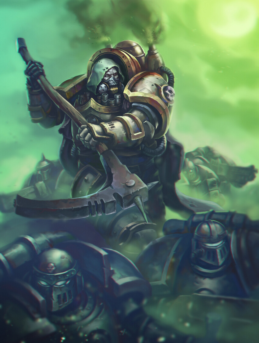 adeptus_astartes armor blowing_smoke breastplate chaos_(warhammer) cloak couter cowboy_shot crotch_plate cuirass cuisses death_guard fumes gauntlets gold_trim green_armor green_sky grohgrog helm helmet highres holding holding_scythe hood hooded_cloak insect_wings leg_armor male_focus mask mortarion outdoors pauldrons poleyn power_armor primarch rebreather rerebrace respirator scythe shoulder_armor silence_(weapon) skull sky smokestack spikes warhammer_40k wings
