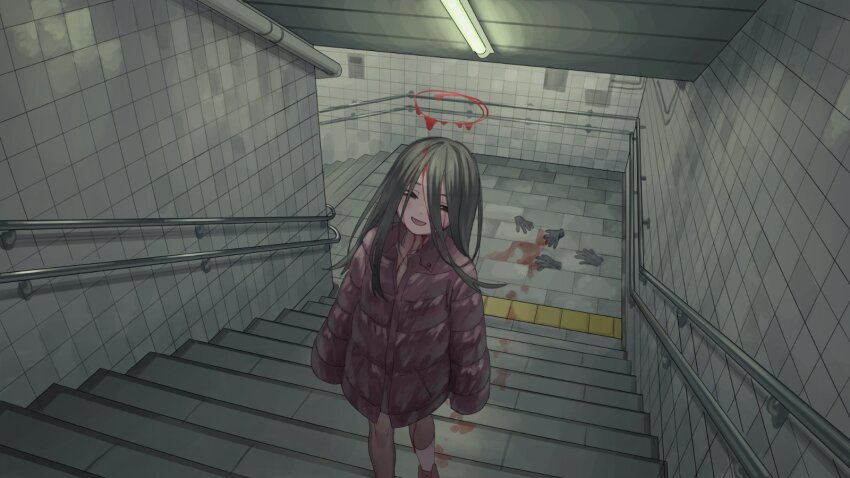 :d black_eyes blood blood_halo blood_on_body blood_on_face blood_on_ground ceiling_light dot_nose fluorescent_lamp footprints gloves grey_hair hair_between_eyes halo handrail highres industrial_pipe jacket liquid_halo long_hair long_hair_between_eyes open_mouth original sleeves_past_wrists smile stairs tensen_(dotted_line) tile_wall tiles unworn_gloves
