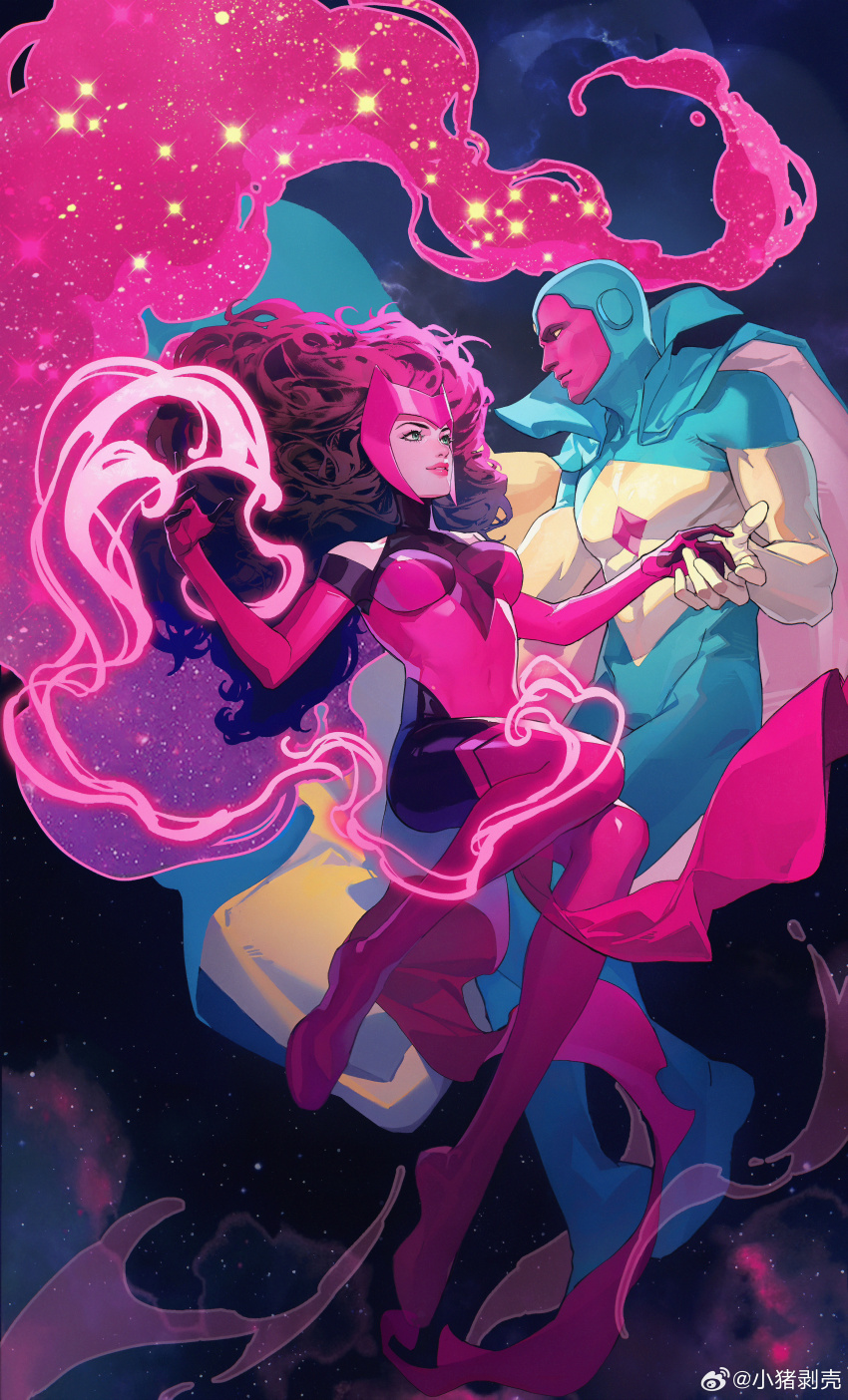 1boy 1girl absurdres al_(ahr) aqua_bodysuit aqua_cloak aqua_skin bare_shoulders black_bodysuit bodysuit boots bridal_gauntlets brown_hair cloak closed_mouth colored_skin flying full_body gloves green_eyes highres holding_hands leotard lips long_hair looking_at_another magic marvel mask mask_on_head multicolored_skin pink_boots pink_leotard pink_lips pink_mask red_skin scarlet_witch smile sparkle teeth thigh_boots two-sided_cloak two-sided_fabric two-tone_bodysuit vision_(marvel) wanda_maximoff wavy_hair yellow_bodysuit yellow_cloak yellow_gloves