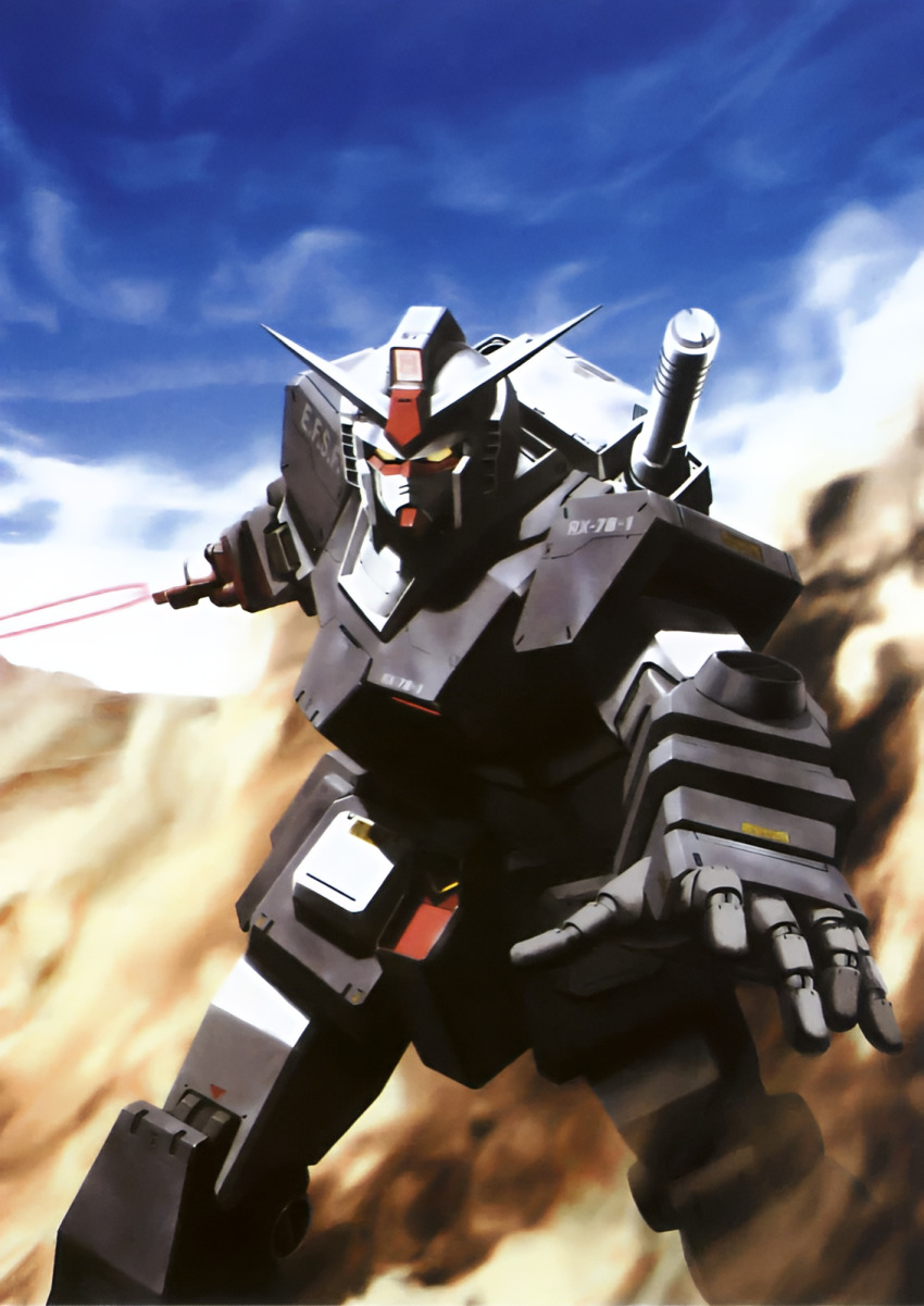 artificial_eye energy_sword beam_weapon desert gundam gundam_msv highres holding holding_beam_saber holding_sword holding_weapon horns humanoid_robot mecha mecha_focus mechanical_arms mechanical_eye mechanical_hands mechanical_horns mechanical_legs mobile_suit mobile_suit_gundam morishita_naochika no_humans official_art prototype_gundam robot saber_(weapon) sand sensor sword third-party_source v-fin weapon