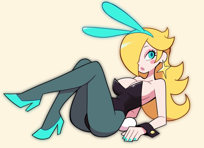 1girl animal_ears blonde_hair blue_eyes blue_nails breasts crossed_legs earrings hair_over_one_eye high_heels jewelry leotard long_hair mario_(series) nintendo pantyhose playboy_bunny rabbit_ears rabbit_tail rosalina scott_falco sitting star_(symbol) star_earrings tail