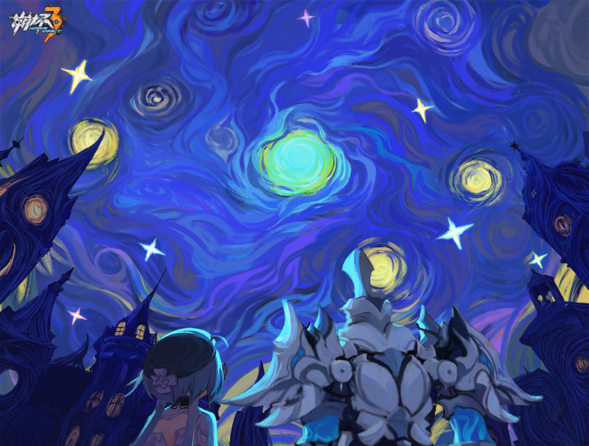 1boy 1girl ahoge armor beret black_headwear blue_hair building chinese_commentary clock clock_tower griseo griseo_(starry_impression) hat helmet highres honkai_(series) honkai_impact_3rd logo mr.knight_(honkai_impact) night official_art official_wallpaper outdoors sky star_(sky) starry_sky tower vincent_van_gogh_(style) white_armor