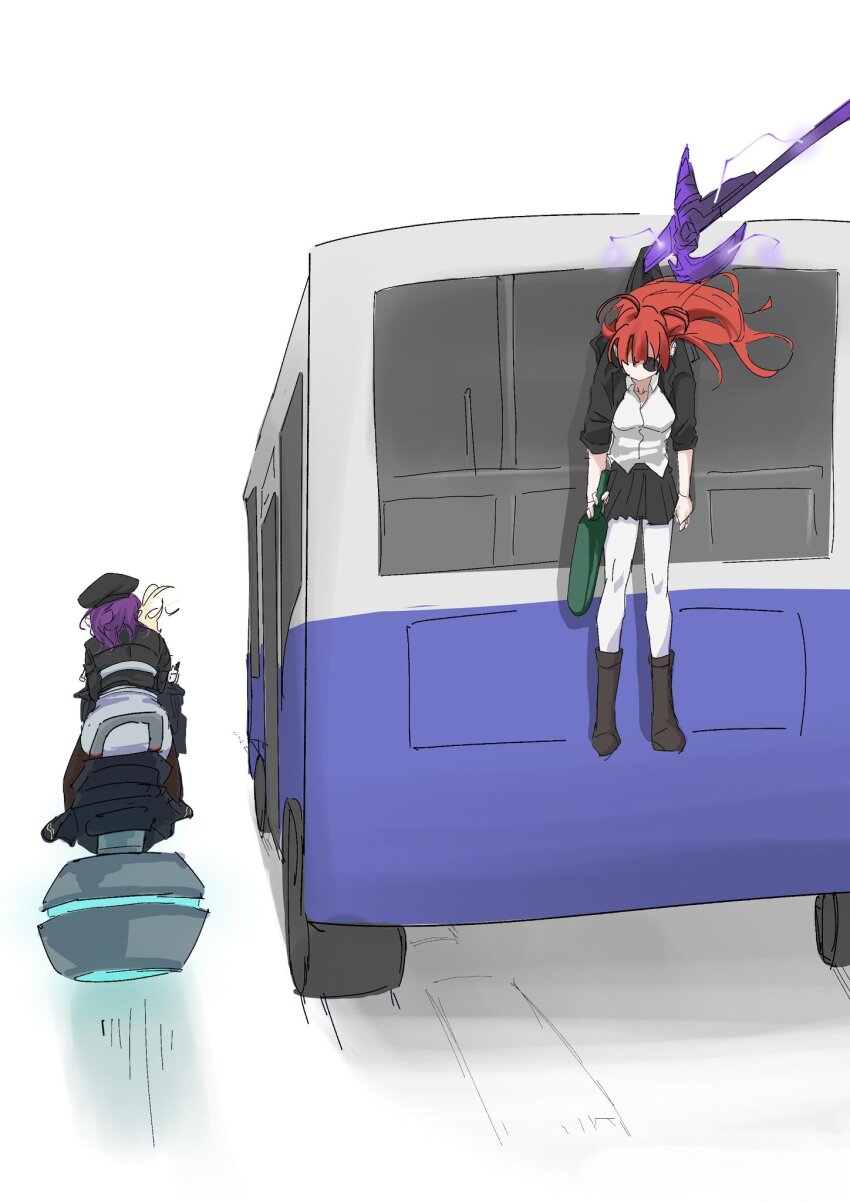 3girls ahoge asami_makiko_(heaven_burns_red) beret bottle bus danch331 hat heaven_burns_red highres long_hair motor_vehicle multiple_girls nanase_nanami_(heaven_burns_red) pantyhose pencil_skirt red_hair shirt skirt tezuka_saki white_pantyhose wine_bottle