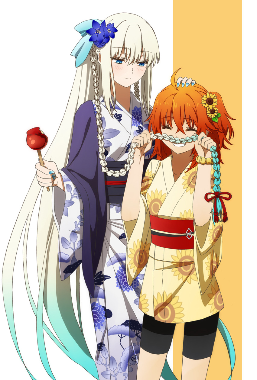 2girls ahoge blue_eyes braid breasts closed_eyes fate/grand_order fate_(series) flower fujimaru_ritsuka_(female) grey_hair grin hair_flower hair_ornament hair_ribbon highres japanese_clothes kimono large_breasts long_hair long_sleeves medium_breasts morgan_le_fay_(fate) morgan_le_fay_(fgo_fes._2023)_(fate) multiple_girls obi oiun one_side_up orange_hair ponytail ribbon sash short_hair sidelocks smile sunflower sunflower_hair_ornament very_long_hair wide_sleeves