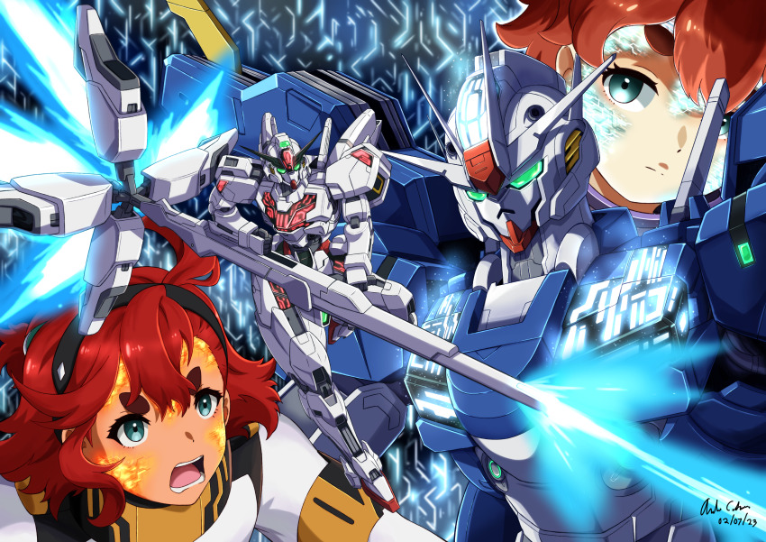 2girls absurdres aqua_eyes beam_cannon black_hairband commentary dated energy_cannon english_commentary ericht_samaya exhaust facial_mark firing glowing green_eyes gundam gundam_aerial_rebuild gundam_calibarn gundam_suisei_no_majo hairband highres holding holding_cannon holding_weapon innovator123 light_particles mecha mobile_suit multiple_girls red_hair robot siblings signature sisters suletta_mercury thick_eyebrows thrusters upper_body v-fin weapon