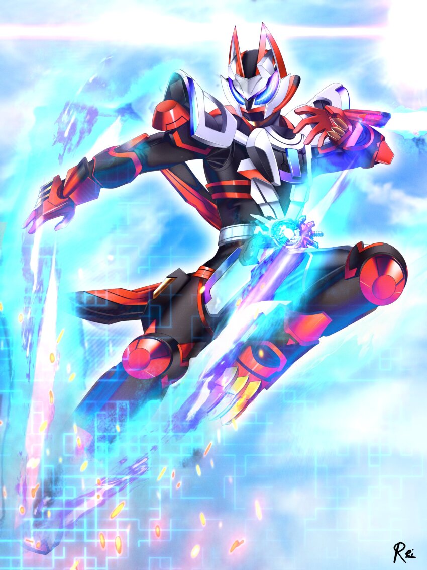 1boy absurdres animal_ears armor black_armor black_bodysuit blue_background blue_eyes bodysuit boost_mark_ii_buckle commentary cyberpunk desire_driver exhaust_pipe fighting_stance finishing_move fire flame_print fox fox_boy fox_ears fox_mask gloves glowing glowing_eyes gradient_eyes highres incoming_attack kamen_rider kamen_rider_geats kamen_rider_geats_(series) kamen_rider_geats_laser_boost_form kitsune laser_raise_riser male_focus mask mouth_guard multicolored_eyes multiple_tails orange_eyes power_armor raise_buckle raised_fist red_footwear red_gloves reiei_8 rider_belt rider_kick shoulder_armor solo tail thighs tokusatsu upper_body white_armor