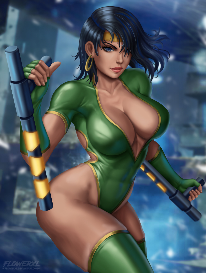 1girl absurdres black_hair black_orchid blue_eyes breasts cleavage earrings fingerless_gloves flowerxl gloves green_gloves highres holding jewelry killer_instinct long_hair looking_at_viewer solo thighs