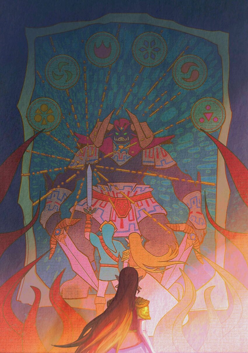 1girl ajiao_(lylc7zm8ca9ee8x) arm_up armor blonde_hair blue_background dress dual_wielding earrings fighting_stance fire from_behind ganon hat highres holding holding_sword holding_weapon indoors jewelry link long_hair master_sword monster mural nintendo pauldrons pointy_ears polearm princess_zelda red_hair revision shoulder_armor solo sword the_legend_of_zelda the_legend_of_zelda:_ocarina_of_time trident tunic upper_body weapon
