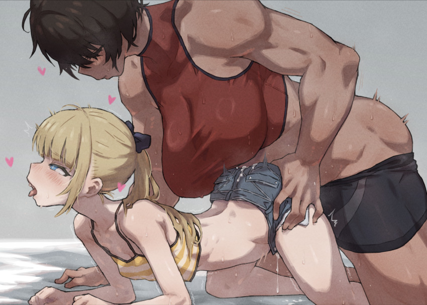 1futa 1girl all_fours biceps black_bow black_hair black_shorts blonde_hair blue_eyes blue_shorts blush bow breasts camisole dark-skinned_female dark_skin feet_out_of_frame futa_with_female futanari grabbing_another&#039;s_ass groping hair_bow heart height_difference implied_futanari kei_(m_k) large_breasts long_hair m_k midriff open_mouth original ponytail profile red_sports_bra rika_(m_k) sex short_hair shorts size_difference small_breasts sports_bra striped_camisole tan tomboy yellow_camisole