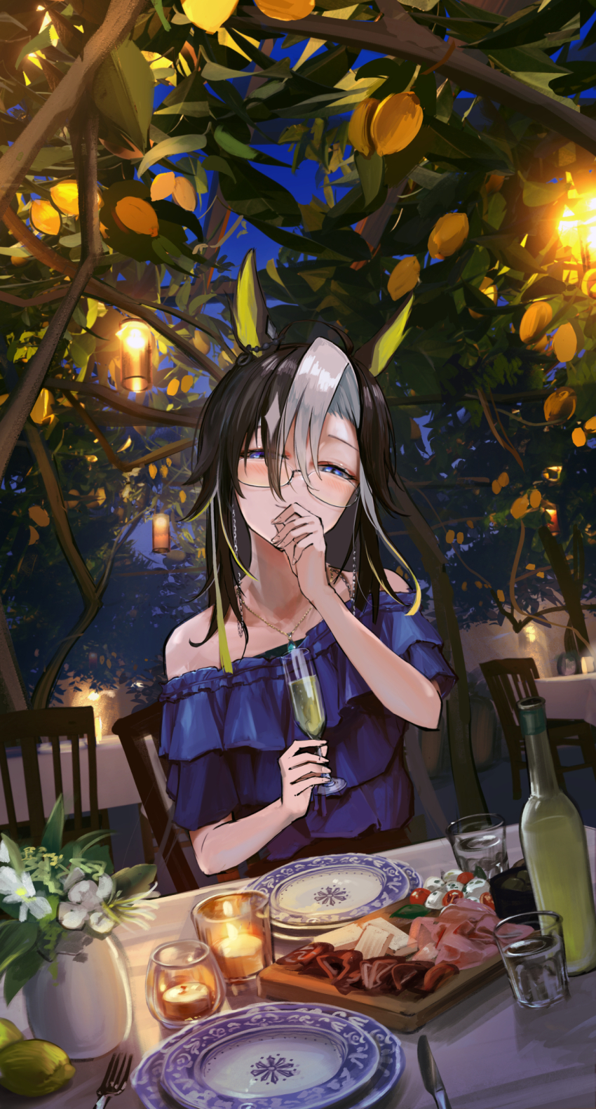 1girl alternate_costume animal_ears asymmetrical_bangs bare_shoulders black_hair blue_dress blue_eyes bottle candle chair champagne_flute closed_mouth cup dream_journey_(umamusume) dress drinking_glass ear_ornament eyewear_strap food fruit fruit_tree half-closed_eyes highres holding holding_cup horse_ears jewelry knife lantern lemon long_hair looking_at_viewer multicolored_hair necklace night off-shoulder_dress off_shoulder outdoors plant plate potted_plant seikatsu sitting smile solo streaked_hair table tree umamusume