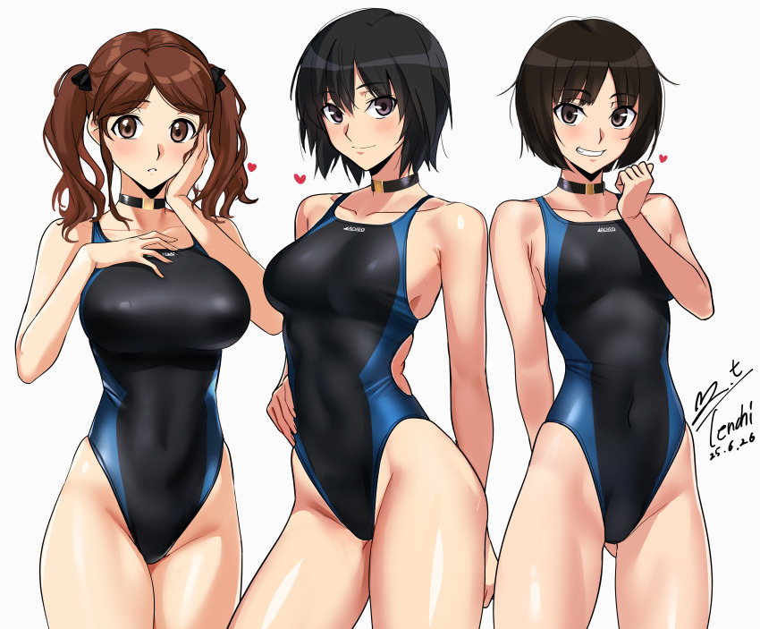 3girls absurdres amagami bare_arms bare_shoulders black_choker black_eyes black_hair black_one-piece_swimsuit black_ribbon blue_one-piece_swimsuit blush breasts brown_eyes brown_hair choker closed_mouth commentary_request competition_swimsuit covered_navel cowboy_shot dated gluteal_fold grin hair_between_eyes hair_ribbon hand_on_own_cheek hand_on_own_chest hand_on_own_face hand_on_own_hip hand_up heart highleg highleg_one-piece_swimsuit highres large_breasts looking_at_viewer multiple_girls nakata_sae nanasaki_ai one-piece_swimsuit parted_lips ribbon signature simple_background smile standing swimsuit tachibana_miya twintails two-tone_one-piece_swimsuit white_background yoo_tenchi