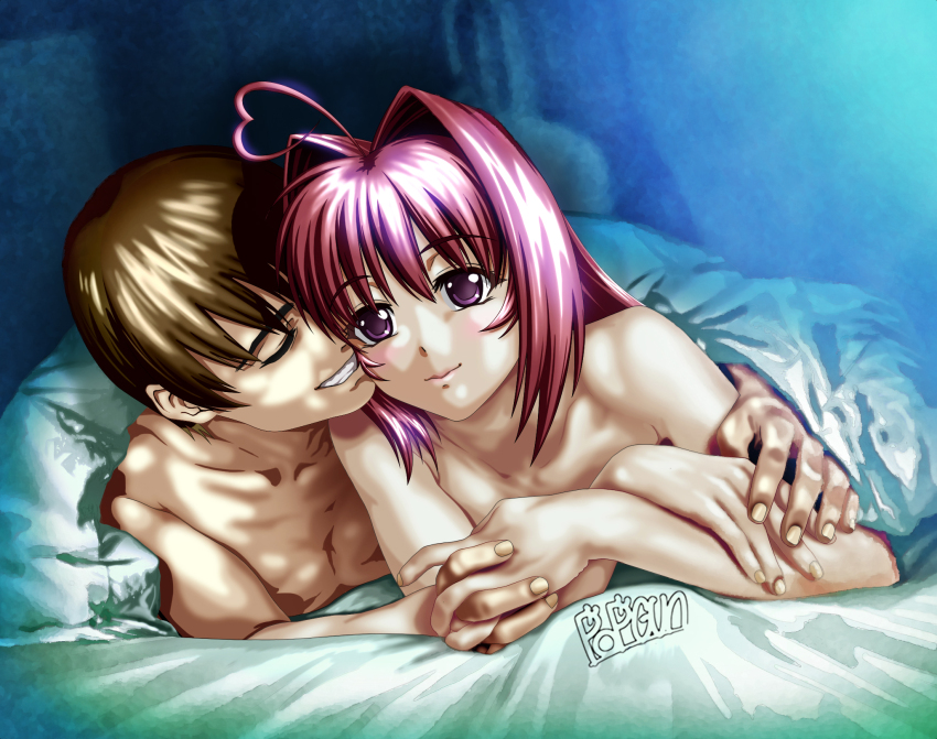 1boy 1girl ahoge artist_name blush brown_hair closed_eyes collarbone hair_behind_ear hair_intakes heart heart_ahoge heart-shaped_hair hetero highres holding_hands kagami_sumika lying muv-luv nude parted_lips popgun_(22882502) purple_eyes red_hair shirogane_takeru smile under_covers