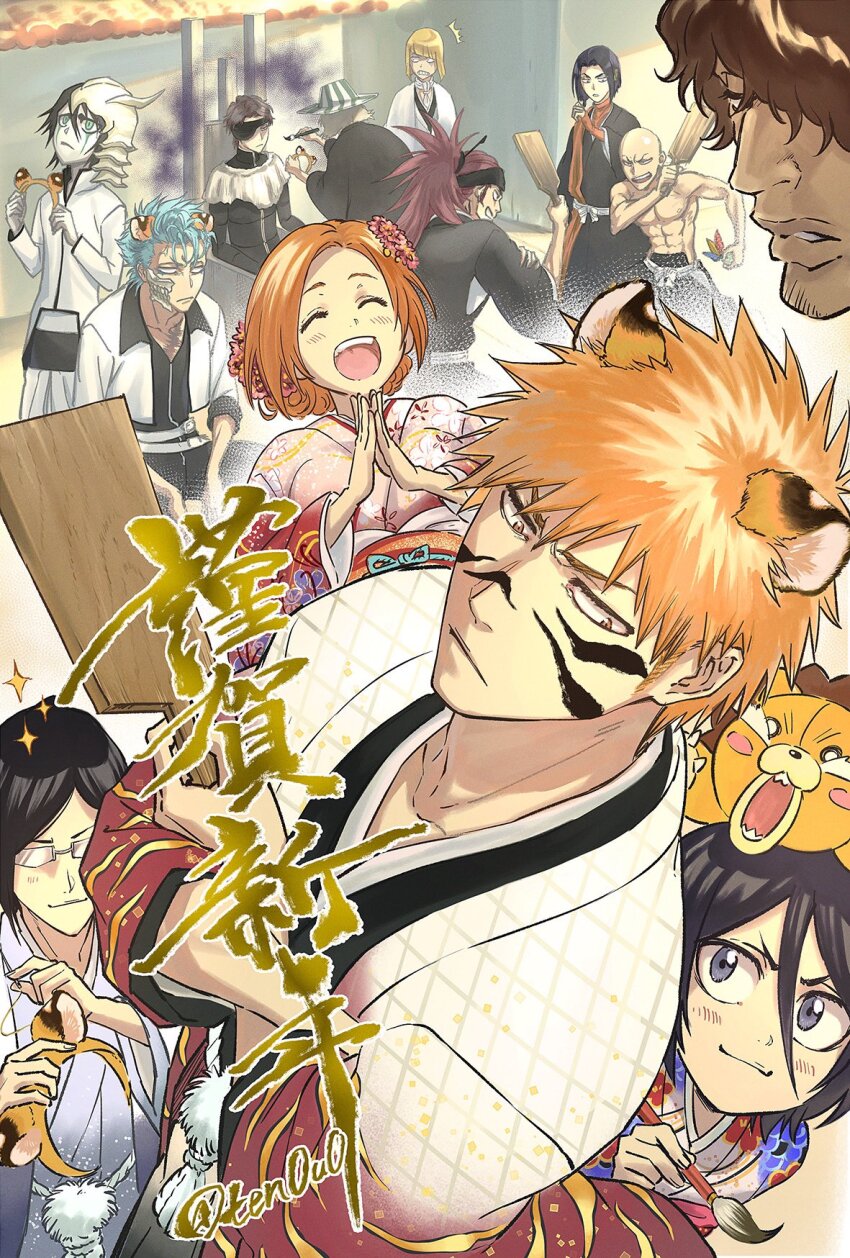 2girls abarai_renji abs aizen_sousuke anger_vein animal_ears annoyed arrancar artist_name ascot ayasegawa_yumichika bald beard_stubble belt black_hair bleach blonde_hair blue_hair broken_mask brown_hair bucket_hat chinese_zodiac closed_eyes collarbone crossed_arms crying crying_with_eyes_open eyepatch facial_hair facial_mark fake_animal_ears flower glasses green_eyes grimmjow_jaegerjaquez hair_between_eyes hair_flower hair_ornament hand_on_own_arm haori hat headband highres hirako_shinji holding holding_hairband holding_paintbrush inoue_orihime ishida_uryuu jacket japanese_clothes kimono kon_(bleach) kuchiki_rukia kurosaki_ichigo laughing looking_at_another madarame_ikkaku mask multiple_belts multiple_boys multiple_girls muscular muscular_male new_year obi open_clothes open_jacket orange_eyes orange_hair own_hands_together paintbrush parted_lips pectorals ponytail purple_eyes red_hair sado_yasutora sash scar scar_on_chest shihakusho sitting smile sparkle stubble stuffed_animal stuffed_lion stuffed_toy taichou_haori tears ten0u0 tiger_ears tiger_stripes topless_male ulquiorra_cifer urahara_kisuke white_belt wide_sleeves year_of_the_tiger